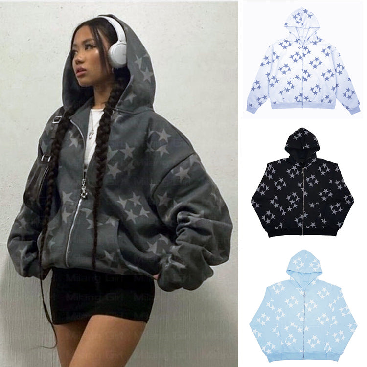 Stars Printed Zipper Hooded Cardigan