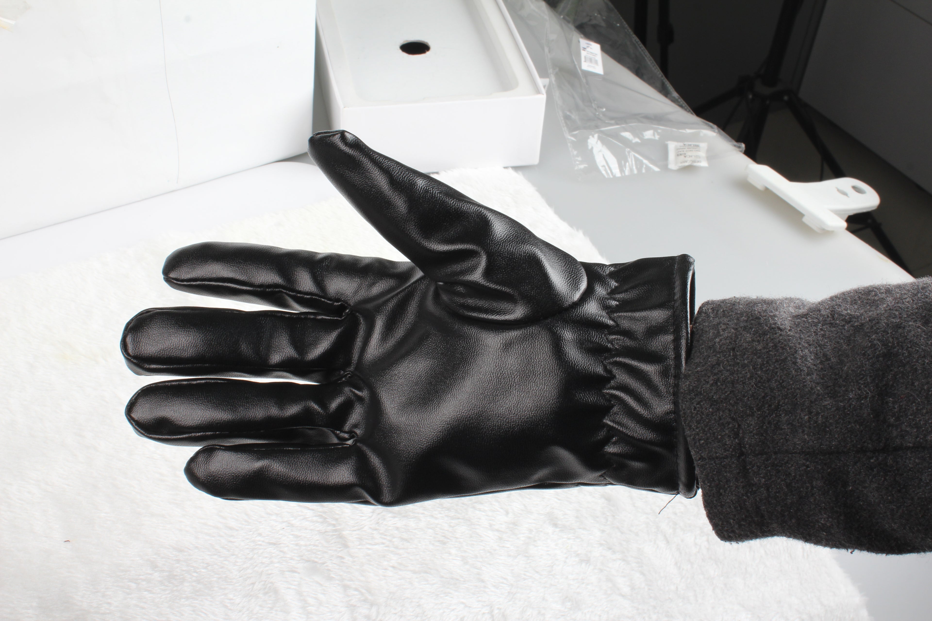 1Pair Unisex Black Leather Gloves Winter Warm