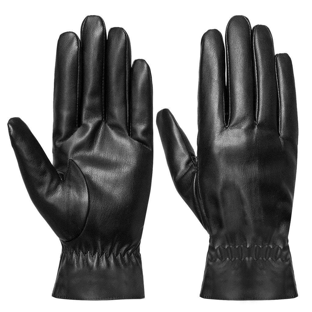 1Pair Unisex Black Leather Gloves Winter Warm