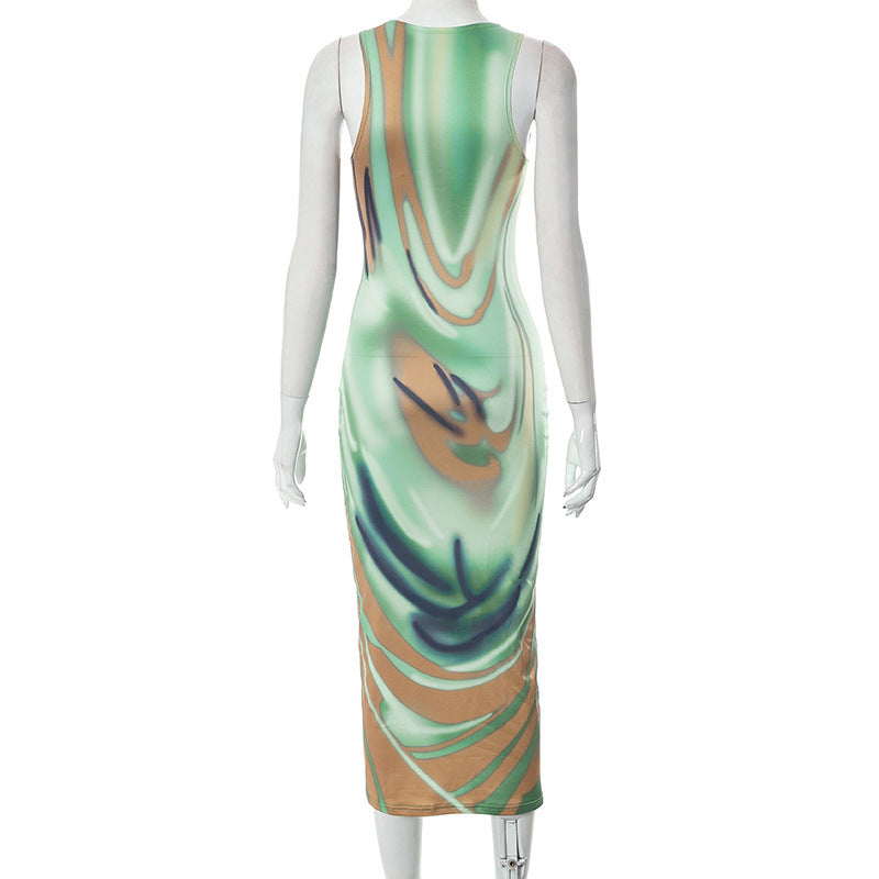 Women's Summer Crew Neck Casual Sleeveless Painted Printing Slip Dress