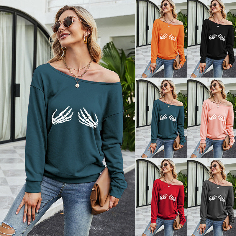 Halloween New Women's Sloping Shoulder Printed Casual Plush Sweater