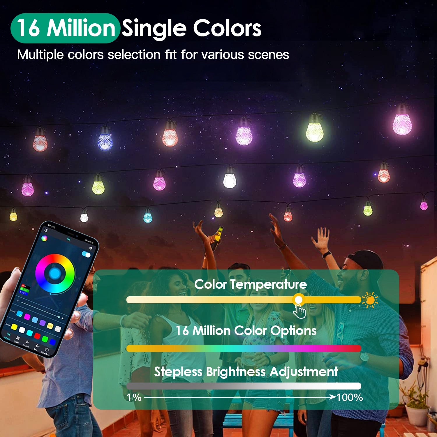 52.5FT Colorful Outdoor String Lights Smart RGB LED
