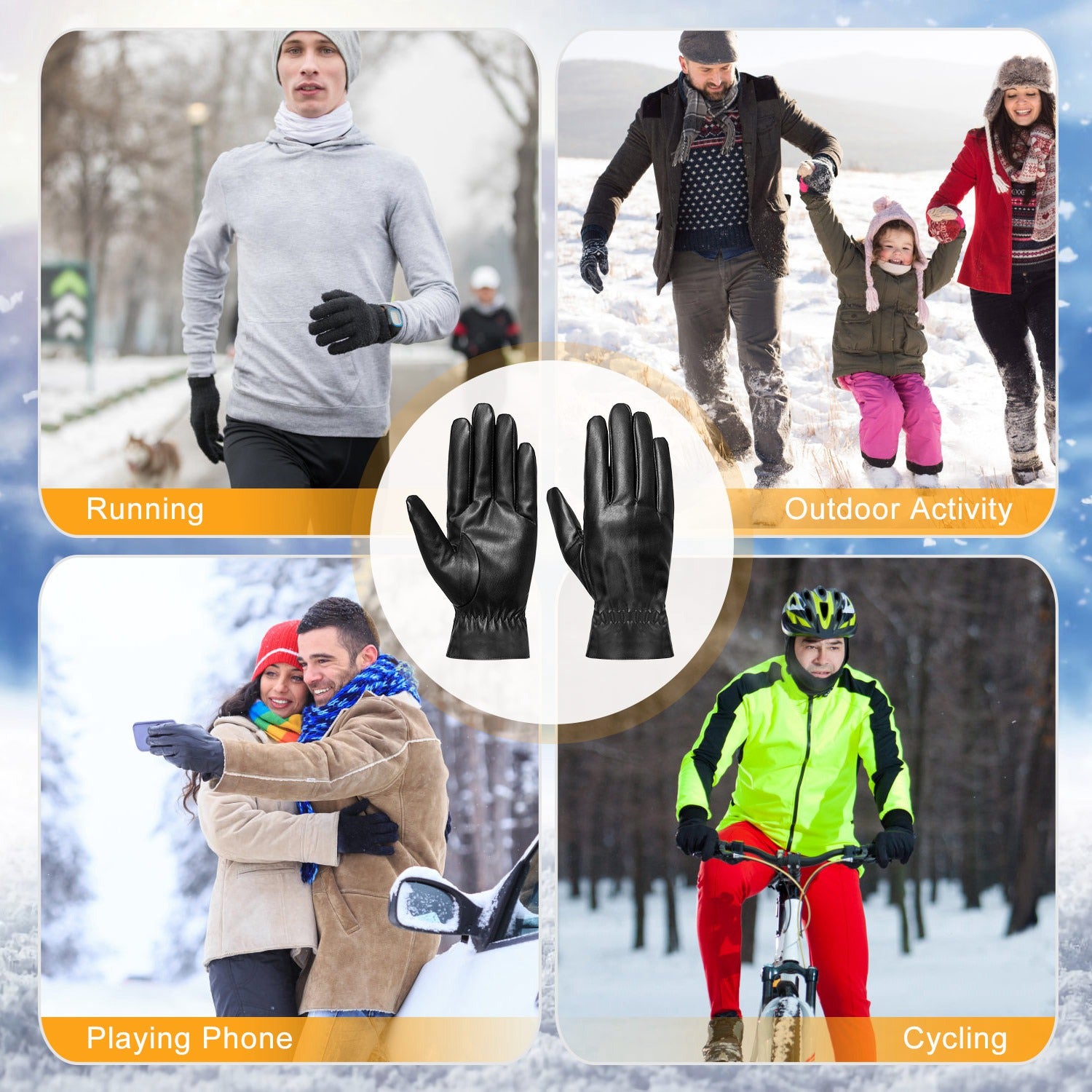1Pair Unisex Black Leather Gloves Winter Warm