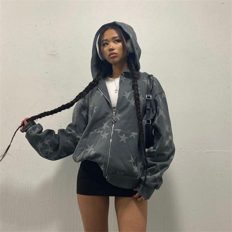 Stars Printed Zipper Hooded Cardigan