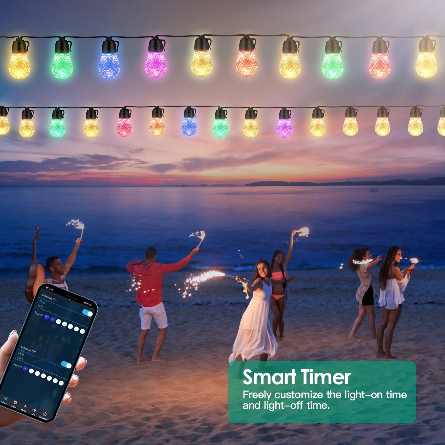 52.5FT Colorful Outdoor String Lights Smart RGB LED