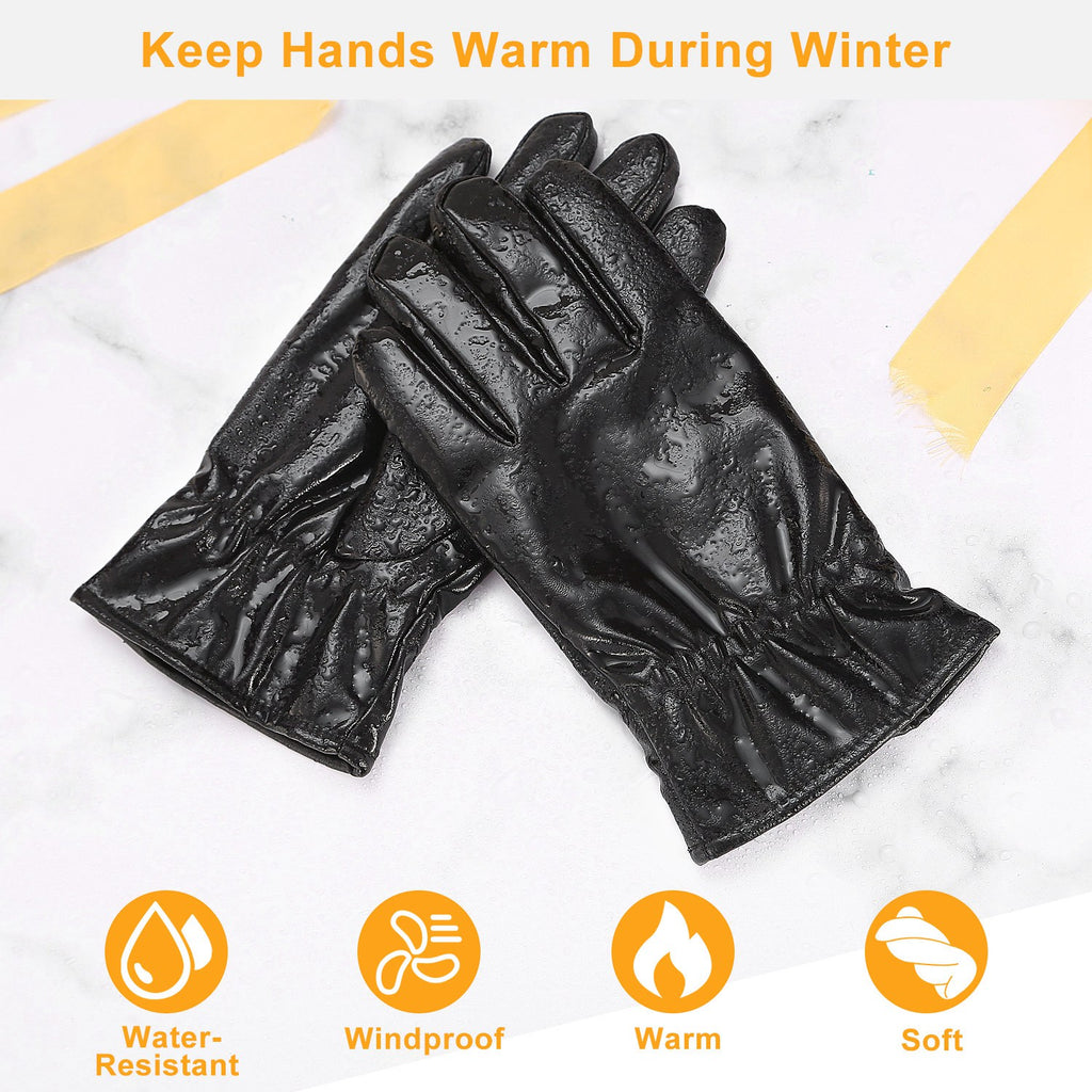 1Pair Unisex Black Leather Gloves Winter Warm