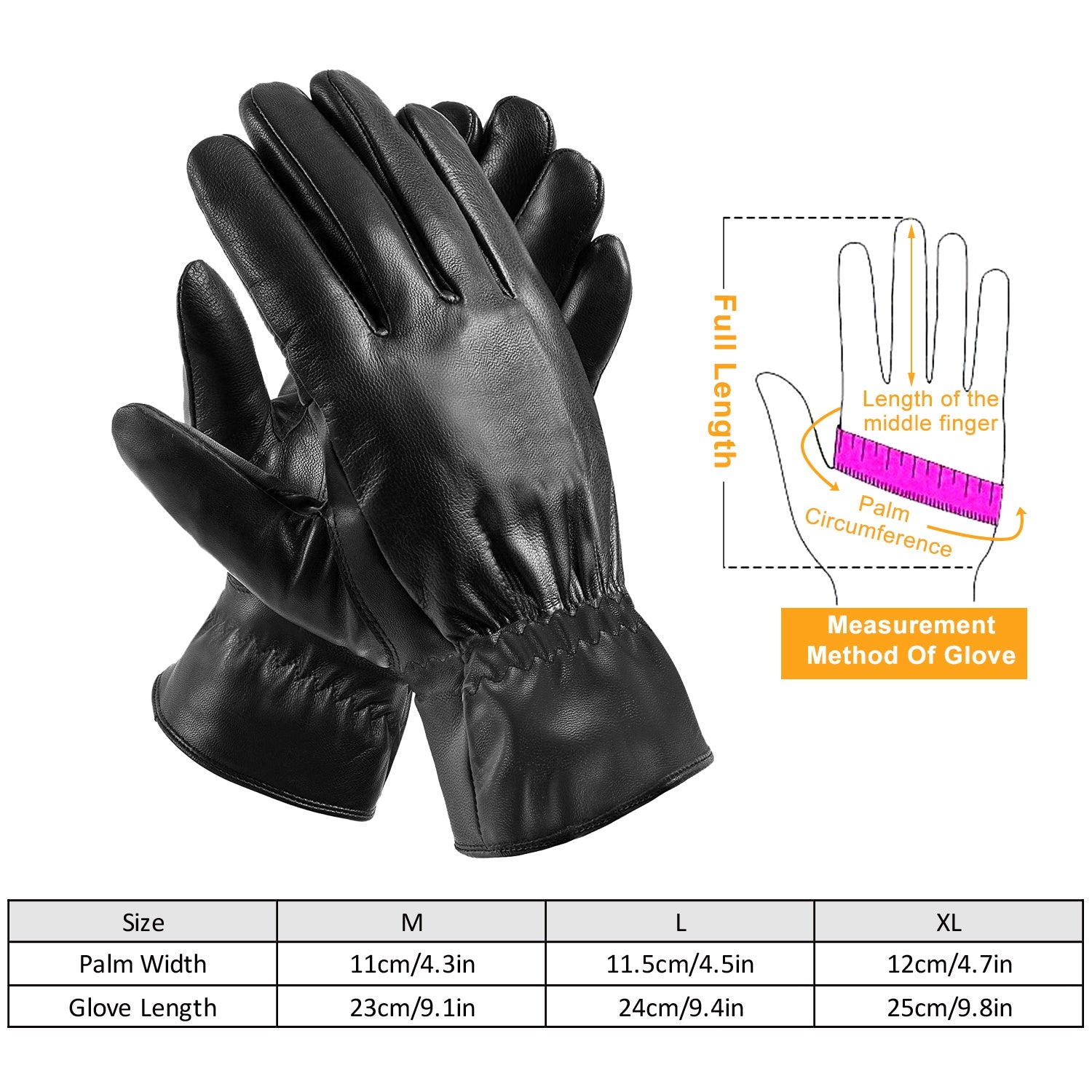 1Pair Unisex Black Leather Gloves Winter Warm