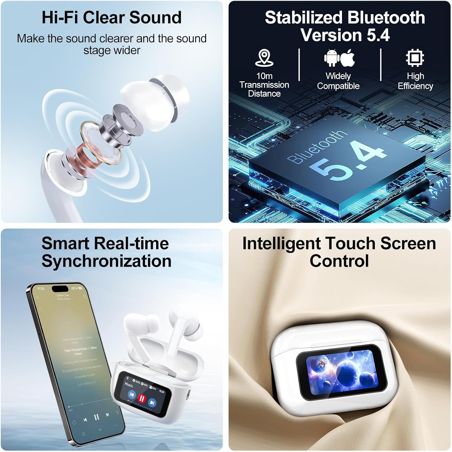 Wireless Earbuds, 5.4 Bluetooth Headphones With Touch Screen Ear Buds