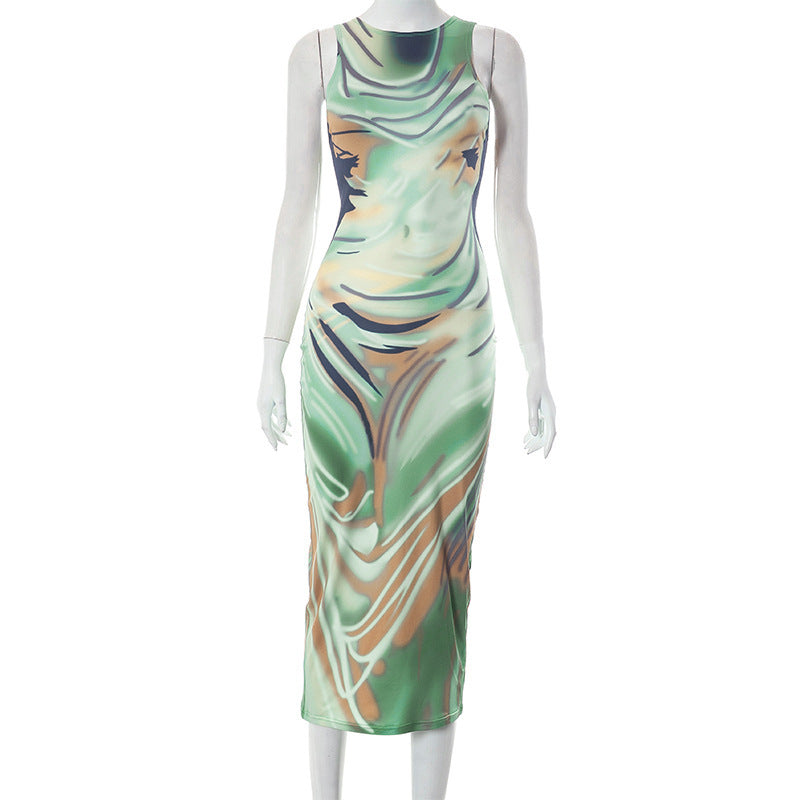 Women's Summer Crew Neck Casual Sleeveless Painted Printing Slip Dress