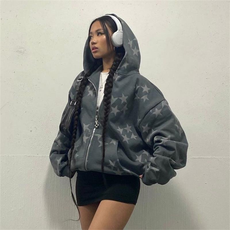 Stars Printed Zipper Hooded Cardigan